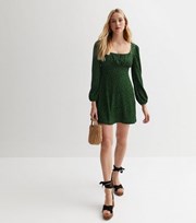 New Look Green Ditsy Floral Square Neck Long Puff Sleeve Cross Back Mini Dress